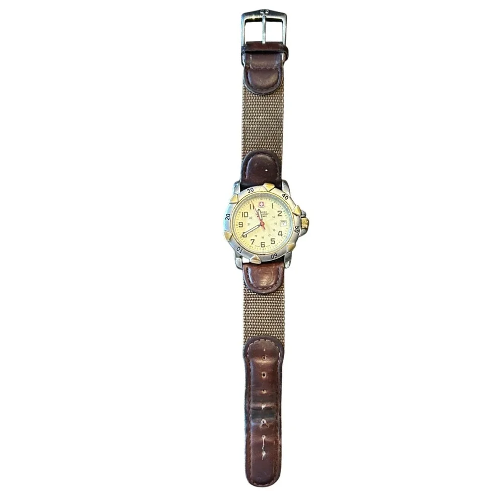 Vintage 90s Wenger Swiss Military Watch 38mm Two-Tone Field Date Outdoor Rugged